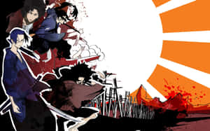 動漫角色在血腥的劍鬥中，伴隨著血濺和竹樁。 — 武士 壁紙
