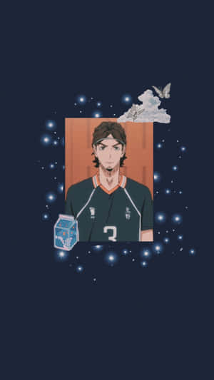 動漫男孩身穿排球球衣，被星星、雲朵和蝴蝶環繞。 — 咒術回戰 壁紙
