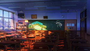 動漫教室，空桌子和黑板上發光的My Hero Academia標誌。