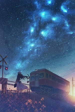 穿白色連衣裙的女孩在星空下看著火車，有發光的星雲。