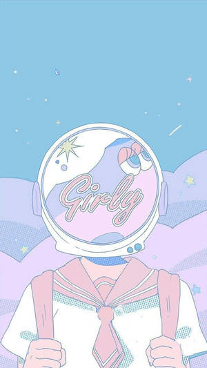動漫女孩穿著粉紅色水手服和太空人頭盔，星空中有「Girly」文字。 — 動畫手機GIF 壁紙