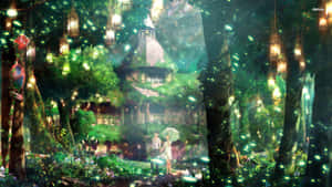 情侶在發光的魔法森林中撐傘，背景有樹屋和燈籠。 — 森林景色 壁紙