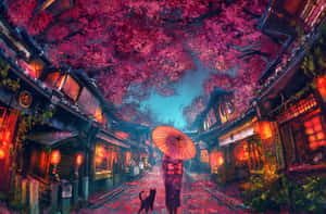 黃昏時分，在日本街道上，一個人帶著貓在櫻花下行走。