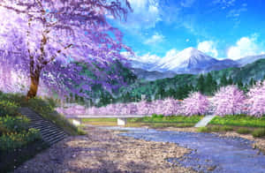 櫻花樹沿著河流排列，背景是白雪覆蓋的山峰。