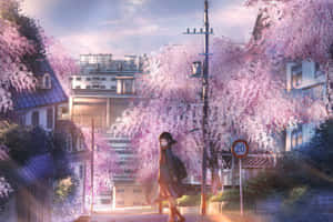 動漫女孩在日落時分走在寧靜的城市街道上，櫻花樹下。
