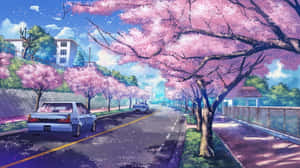 藍色汽車在陽光明媚的郊區街道上行駛在粉紅色櫻花樹下。
