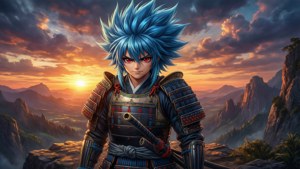 藍髮動漫武士身穿盔甲站在夕陽懸崖上
