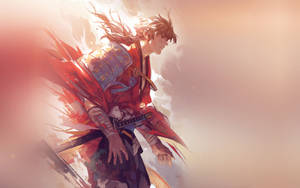 動漫武士戰士穿著紅色盔甲，手持劍，頭髮和斗篷在發光背景下飄揚。