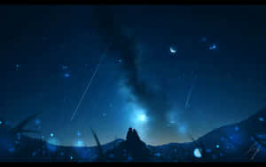 情侶坐在山上，星空下有流星和新月。 — 夜晚 GIF 壁紙