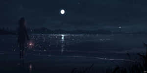 一個人在滿月下的夜晚海灘上手持煙花棒的剪影。 — 夜晚 GIF 壁紙