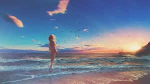 女孩站在海浪中，看著日落，鳥兒在頭頂飛翔。