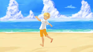 動畫男孩在陽光明媚的海灘上奔跑，有海洋和白雲