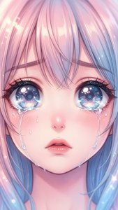 粉藍色頭髮的動漫女孩從星眸中流下閃爍的淚水。