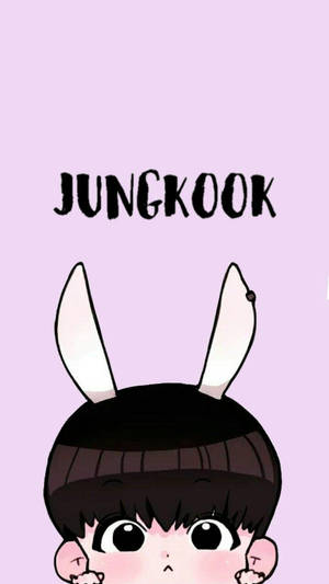 卡通男孩，長著兔耳朵和大眼睛，在薰衣草背景上，有文字Jungkook