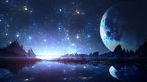 星空下，一輪大月倒映在湖中，四周環繞著山脈。 — 夜晚 GIF 壁紙