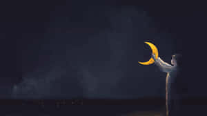穿著白色西裝的人，在繁星點點的夜空下握著發光的彎月。 — 夜晚 GIF 壁紙