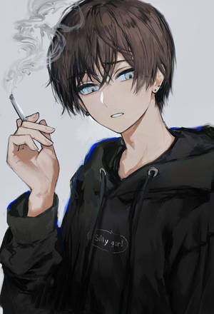 穿著黑色連帽衫的動漫男孩，流著淚，藍色眼睛，抽煙。