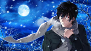 雪夜滿月下紅眼動漫男孩戴圍巾