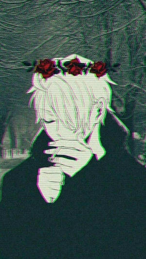 白髮紅玫瑰的動漫男孩在黑暗森林中抽煙，帶有故障效果。