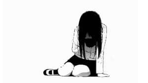 一個悲傷的動漫女孩坐在地上，臉埋在手臂中。 — 白色美學gif 壁紙