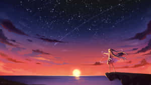 動漫女孩在懸崖上看夕陽和流星