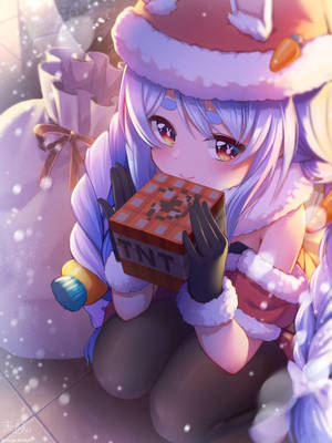 穿著聖誕服裝的動漫女孩，在雪中拿著TNT方塊。