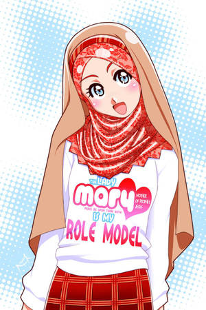 戴紅色圖案頭巾、身穿印有「Mary is my role model」T恤的動漫女孩，站在藍色半色調背景前。 — 動漫女孩 壁紙