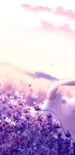 動漫女孩穿白色連衣裙在日落時觸摸薰衣草花。
