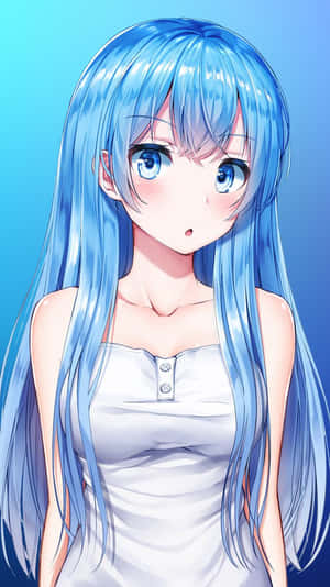動漫女孩，長藍色頭髮和藍色眼睛，穿著白色上衣。