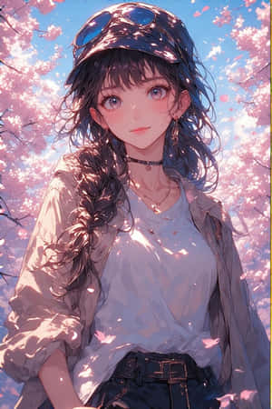 動漫女孩，辮子頭髮戴著帽子，站在櫻花樹下，粉紅色花瓣在她周圍飄浮。 — iPhone 4 壁紙