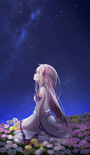 穿著白色連衣裙的動漫女孩坐在星空下的花田中。 — Galaxy Tab A11 壁紙