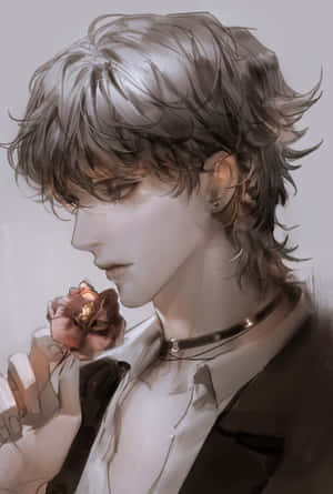 動漫男孩，銀色頭髮，手持枯萎的玫瑰，戴著頸鏈。 — 靚靚動畫 壁紙