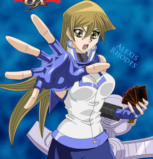 動漫女孩 Alexis Rhodes 戴著發光藍色手套，手持卡牌，擺出動作姿勢。 — Galaxy Z Flip7 FE 壁紙