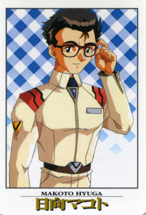 動漫角色 Makoto Hyuga 在格子背景前穿著制服調整眼鏡。 — IQOO Pad5 Pro 壁紙
