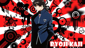動漫角色 Ryoji Kaji 身穿深藍色制服，背景為紅、白、黑抽象設計。 — 黑川伊佐那 壁紙