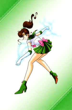 Sailor Jupiter 身穿綠色制服，帶著發光的藍色能量光環跳躍。 — Huawei MatePad 11.5 S (2025) 壁紙