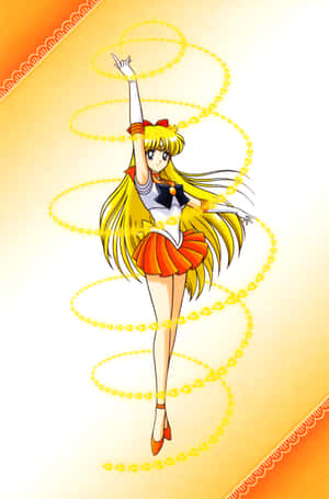 Sailor Venus 穿著她的標誌性服裝，被發光的心形鏈條包圍。 — Honor MagicPad 3 Pro 12.3 壁紙