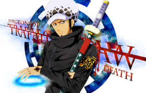 動漫角色 Trafalgar Law 手持劍，身後有藍色發光光環和紅色文字。 — MacBook Air 13 壁紙
