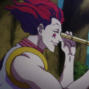 紅紫髮色的動漫角色在森林中透過金色望遠鏡窺視。 — Hisoka GIF 壁紙