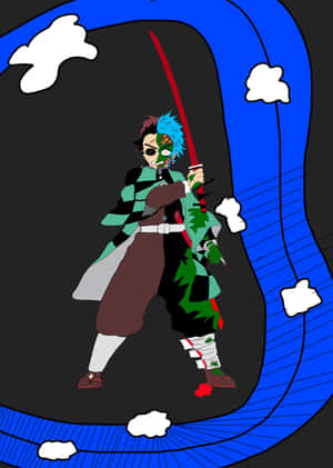 動漫戰士，藍色頭髮和綠色臉部彩繪，以動態姿勢握著一把紅色劍。 — 鬼滅之刃 壁紙