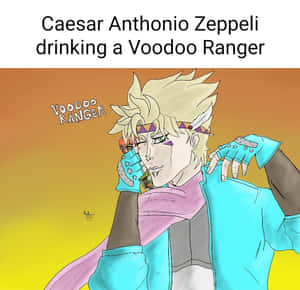 動漫角色Caesar Zeppeli在溫暖的日落背景下飲用Voodoo Ranger啤酒。 — 索克天王 壁紙