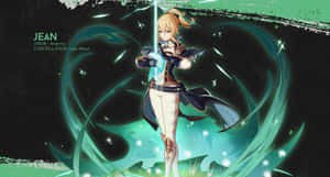 動漫戰士Jean在發光的綠色魔法中拔劍。 — 原神 壁紙
