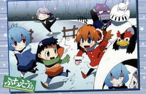 動漫角色穿著節日冬裝在雪中玩耍，表情歡快。 — 黃昏 壁紙
