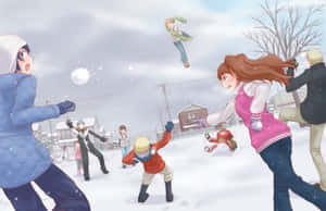 動漫小孩在雪街打雪仗。 — 雪花 壁紙