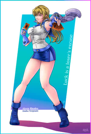 藍色服裝的動漫女孩手持卡片和武器，身後有文字。 — Beyoncé 壁紙