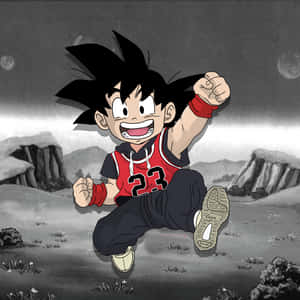 動漫男孩穿著紅色球衣在月光下的岩石景觀中快樂地跳躍。