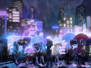 動漫人物撐著雨傘，在夜晚東京的雨中霓虹街道上穿行。 — 動漫城市 壁紙