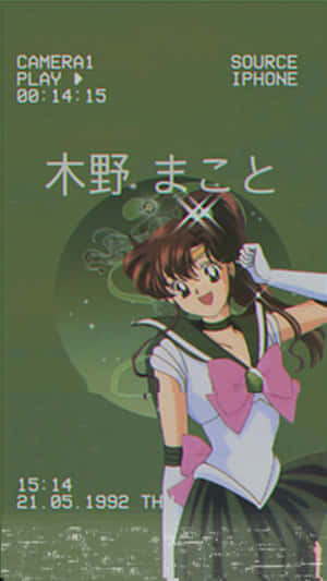 穿著水手服、繫著粉紅色蝴蝶結的動漫女孩在帶有相機疊加層的綠幕上微笑。 — 美少女戰士 壁紙