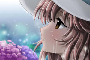 動漫女孩在雨中哭泣，伴隨紫色花朵