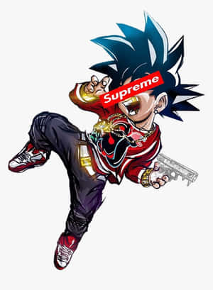 穿著紅色Supreme連帽衫的Q版動漫角色，踢腿時拿著槍。